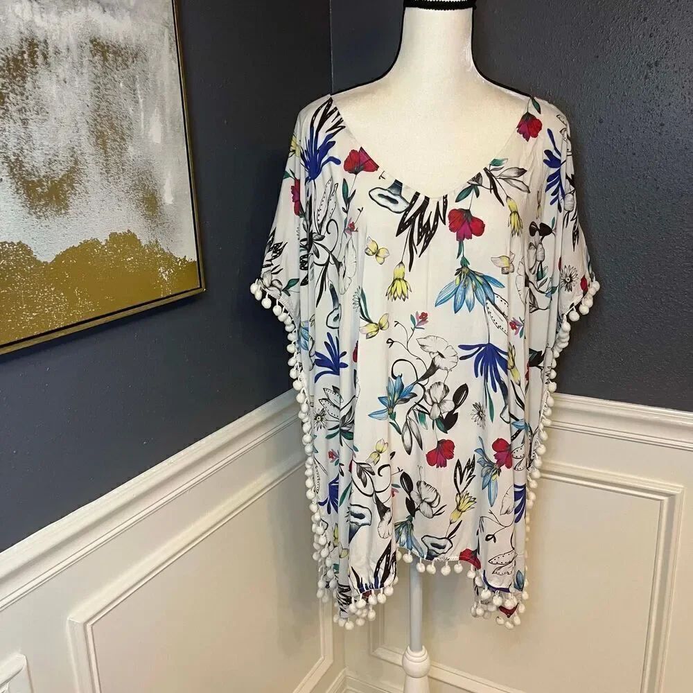 Seafolly Australia Women's White Floral Print Pom Fringe Swim Beach Coverup